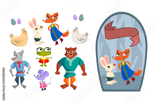 Animals and background for postcards. Fox  wolf  hare  mouse  bear  frog cute characters without contour on a white background in isolation