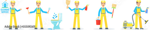 Cleaning service staff team. and private homes. Vector flat cartoon character.