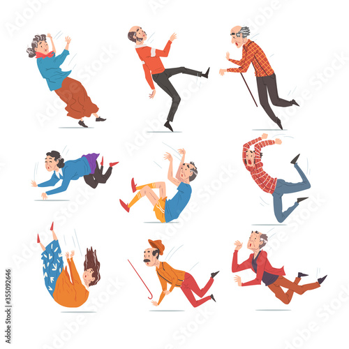 Elderly People Falling Down Set, Retired Male and Female Persons, Accident, Pain and Injury Cartoon Style Vector Illustration