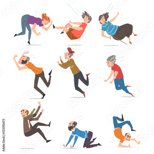 Elderly Man and Woman Falling Down Set, Accident, Pain and Injury Cartoon Style Vector Illustration on White Background
