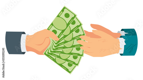 Donate money. Rich man hands money to poor, needy.