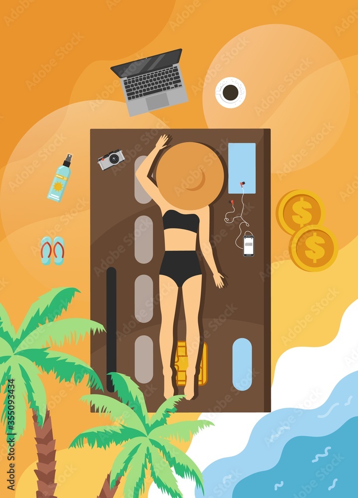 Naklejka premium Summer beach vacation card, vector flat illustration