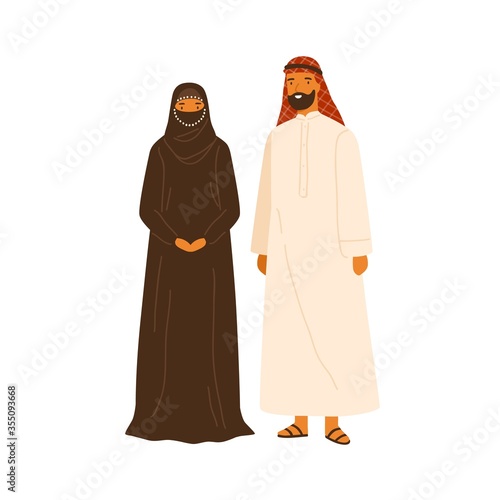 Smiling arabic couple in traditional apparel standing together vector flat illustration. Friendly muslim man and woman wearing national clothes isolated on white. Islamic people in hijab outfit