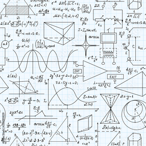 Math scientific vector seamless background with handwritten formulas, calculations and figures