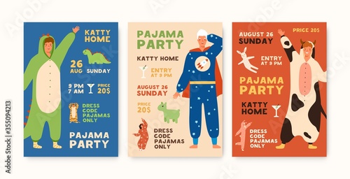 Set of poster or flyer templates pajama party with people dressed in funny jumpsuits vector flat illustration. Collection of colorful announcements of theme holiday with cute costume dress code