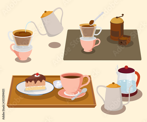 Hand drip Coffee, Dessert illustration set. The process of making coffee Vector drawing. Hand drawn style.
