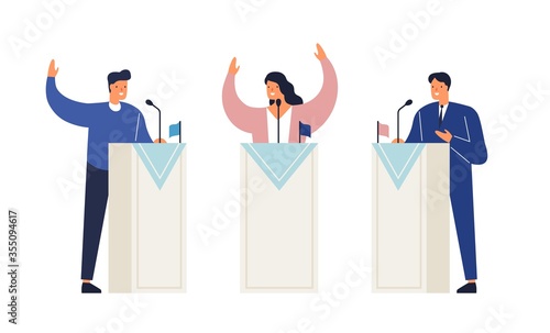 People politicians standing on tribunes with raising hands vector isometric illustration. Man and woman at political debates, pre-election campaign or agitate isolated on white. Candidate meeting