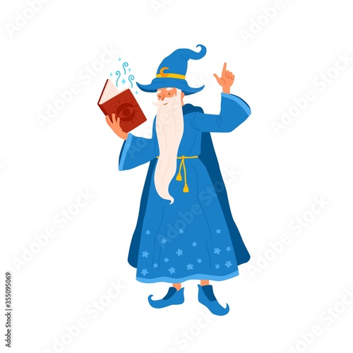 Cartoon wizard hold book reading magic spell vector flat illustration. Funny ...