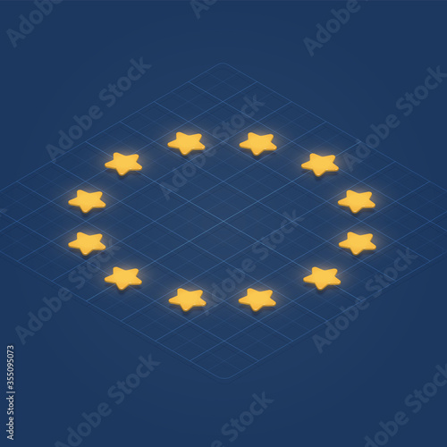 European Union flag with 3D stars on a grid, isometric vector illustration