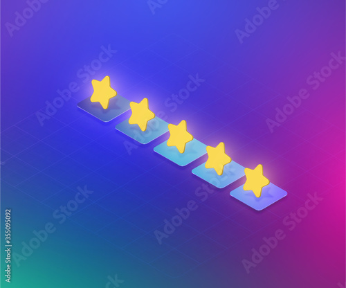 Five-star rating 3D stars, isometric vector illustration