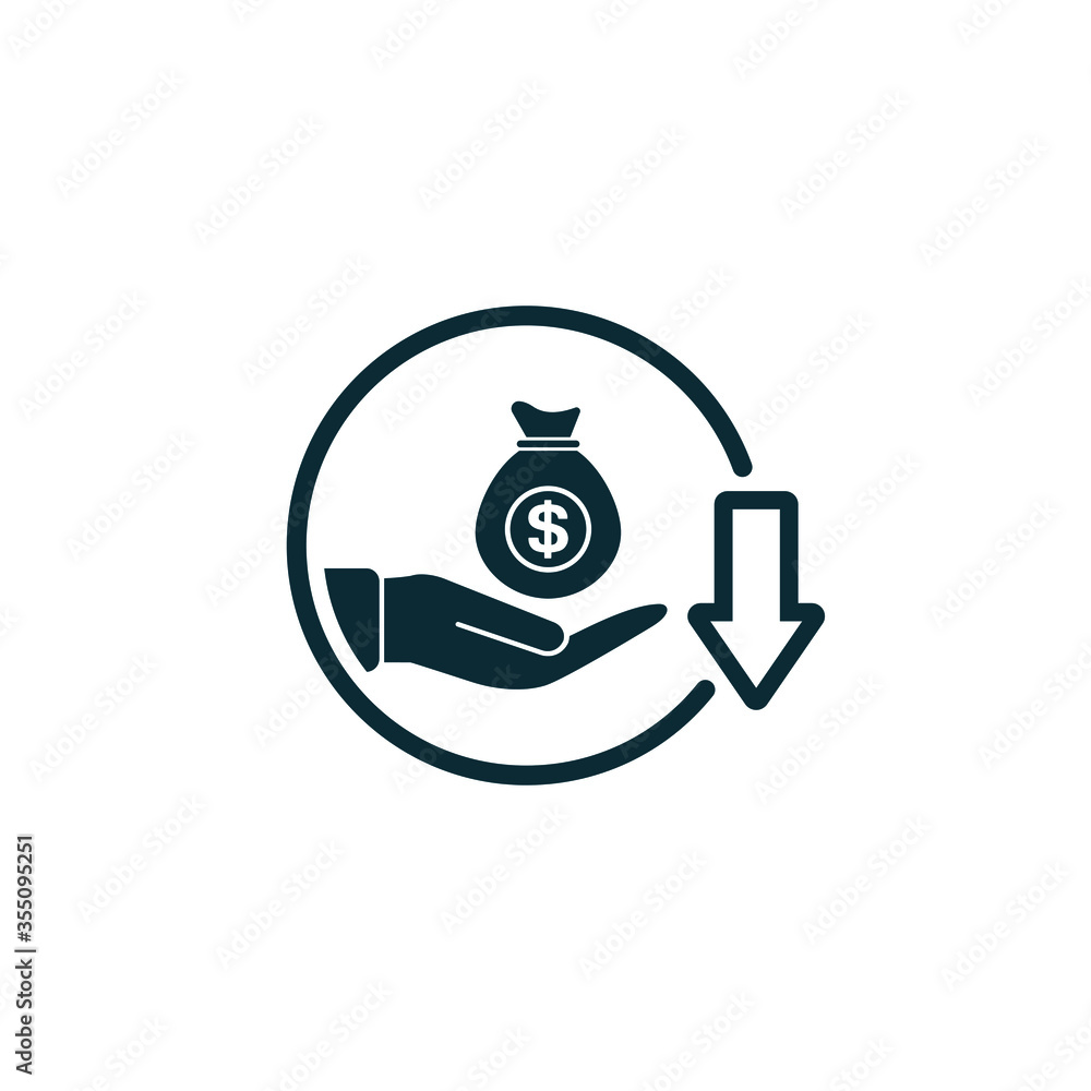 Cost reduction icon design. Earnings down symbol. Decreasing concept isolated on white background. Vector illustration Cost reduction icon design. Earnings down symbol. Decreasing concept isolated on white background. Vector illustration