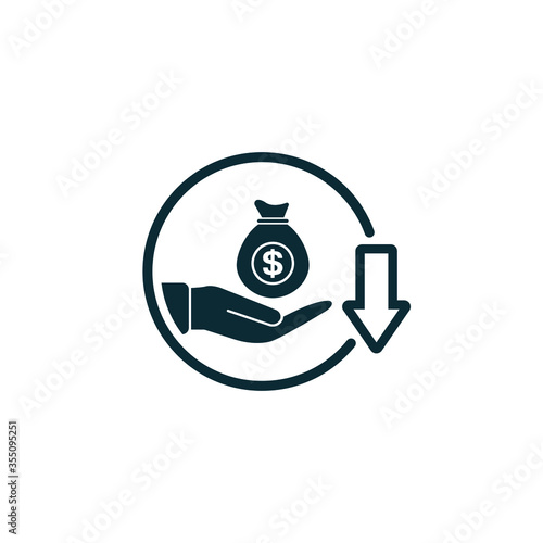 Cost reduction icon design. Earnings down symbol. Decreasing concept isolated on white background. Vector illustration