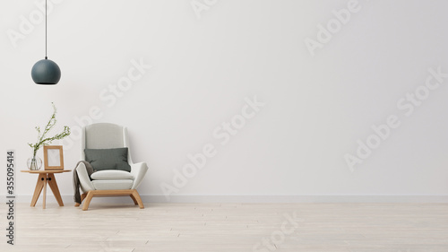 Living room interior wall mockup with light gray velvet armchair, gray pillow, plaid, coffee table and green plant branch in vase on empty white wall background. 3D rendering