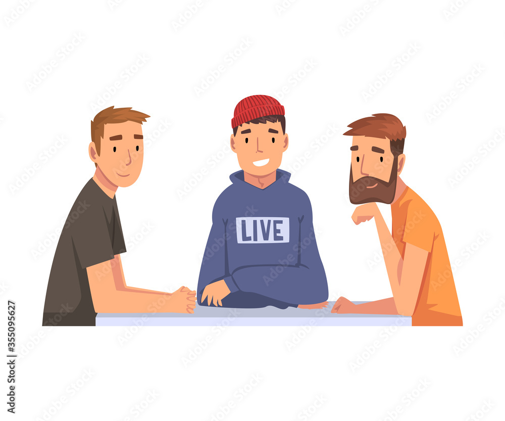 Men Sitting and Looking at Us Set, Meeting of Friends Cartoon Vector Illustration