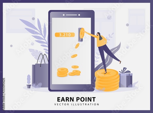 Illustration vector of Earn Point concept with big phone and women work. gift boxes, customer reward loyalty program, earn bonuses.
Can use for a landing page, web banner, infographics, flyer, web.