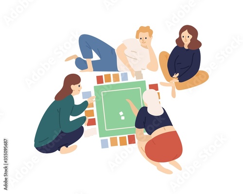 Group of happy friends or family members playing table game together vector flat illustration. Smiling people lying and sitting on floor with cards and cubes isolated on white background