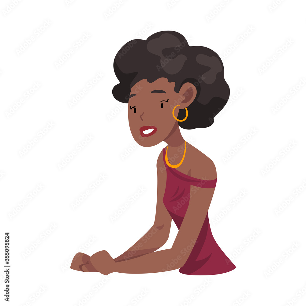 Beautiful African American Girl Sitting and Looking at Us Cartoon Vector Illustration Beautiful African American Girl Sitting and Looking at Us Cartoon Vector Illustration