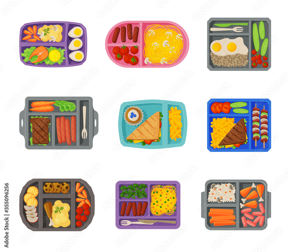 Meal Trays Filled with Food for Lunch Collection, Healthy Food For Kids And Students, View from Above Flat Vector Illustration