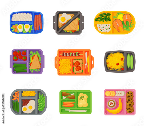 Meal Trays Filled with Food Collection, Healthy Lunch For Kids And Students, View from Above Flat Vector Illustration