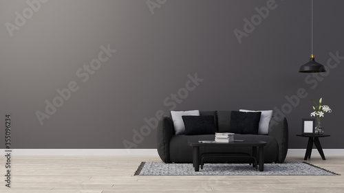 Interior poster mock up living room with blue armchair have cabinet and wood shelves on wood flooring and white wall ,3d rendering