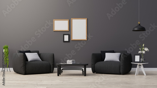 Interior poster mock up living room with blue armchair have cabinet and wood shelves on wood flooring and white wall  3d rendering