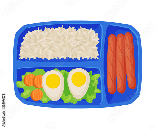 Meal Tray Filled with Egg, Rice and Sausages, Healthy Food For Kids And Students, View from Above Flat Vector Illustration