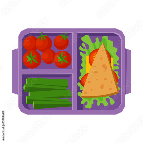 Meal Tray Filled with Sandwich, Tomatoes and Cucumbers, Healthy Food For Kids And Students, View from Above Flat Vector Illustration