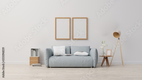 Interior poster mock up Modern living room interior with sofa and green plants,lamp,table on white wall background. 3d rendering