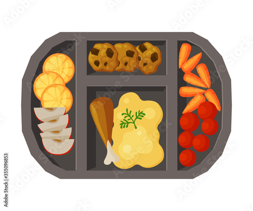 Meal Tray Filled with Mashed Potato, Chicken Drumstick and Vegetables, Healthy Food For Kids And Students, View from Above Flat Vector Illustration