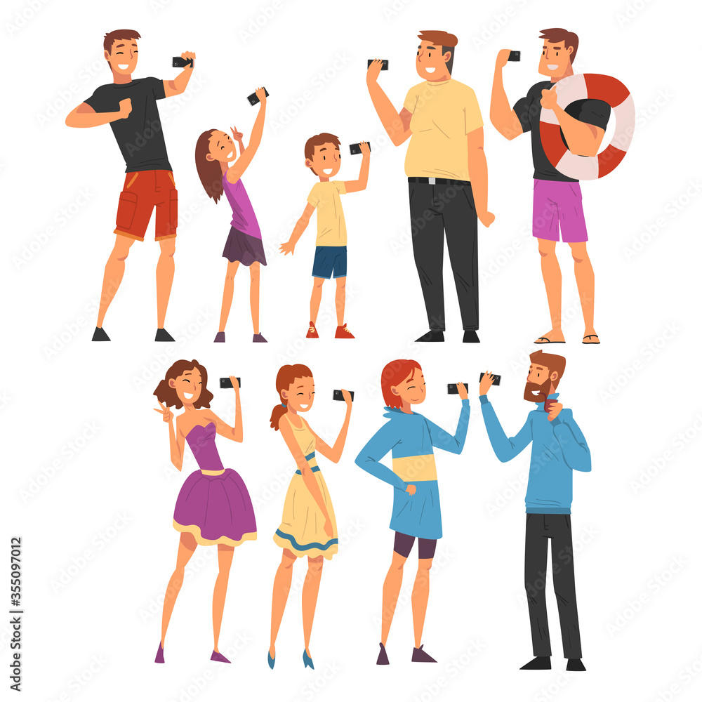 People Taking Selfie Photo in Different Situations Set, Male and Female Characters Photographing Themselves with Smartphones Cartoon Vector Illustration People Taking Selfie Photo in Different Situations Set, Male and Female Characters Photographing Themselves with Smartphones Cartoon Vector Illustration