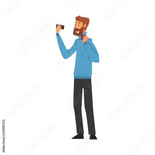 Smiling Bearded Man Smoking Pipe Taking Selfie Photo, Male Hipster Character Photographing Himself with Smartphone Cartoon Vector Illustration