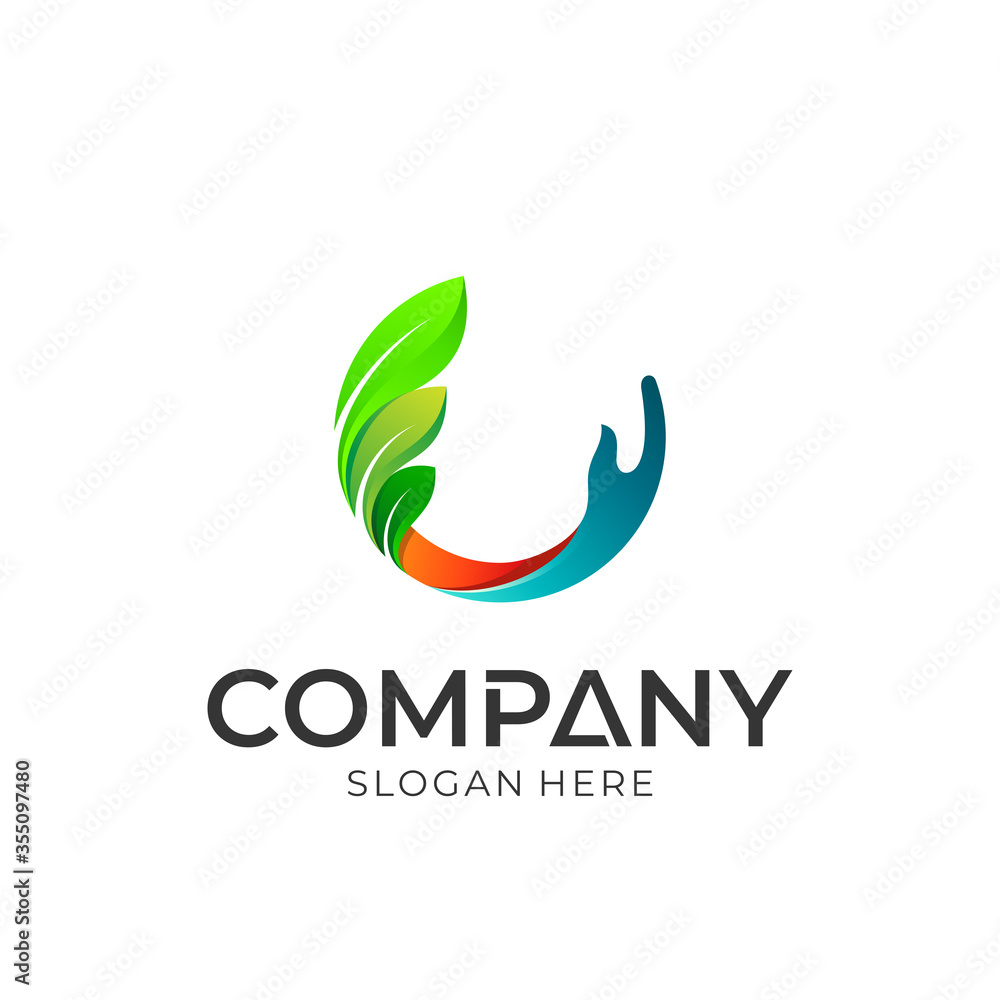 Obraz premium Hand and leaf vector logo design template.