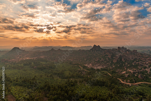 sunrise over the rocky mountains of Hampi, Karnataka, India