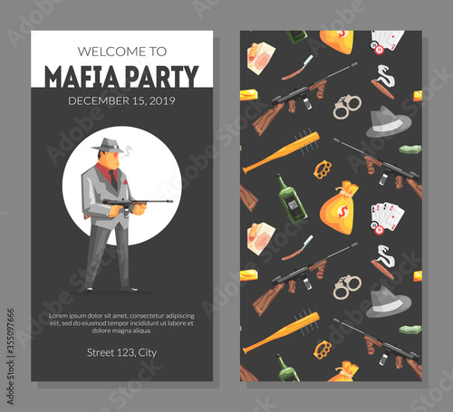 Mafia Party Card Template with Gangsters Objects Pattern, Invitation, Banner, Poster, Flyer Vector Illustration