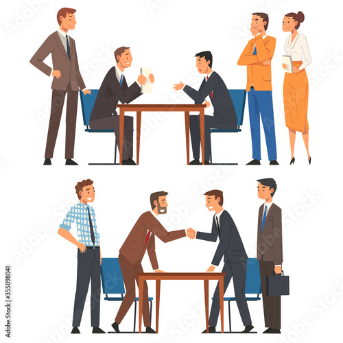 Business Negotiations Set, Busines Partners Sitting at Table and Discussing Work Strategy, Exchanging Information Cartoon Vector Illustration