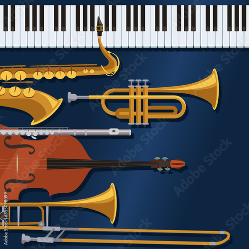 Musical instruments on midnight blue background. Used for jazz performances. Piano, tenor saxophone, trumpet, flute, contrabass, and trombone. Vector illustration in flat cartoon style.