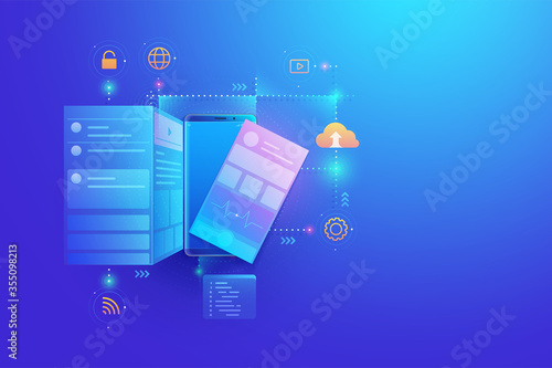 Mobile app development and web design, application building, app coding on smartphone screen concept. vector illustration.