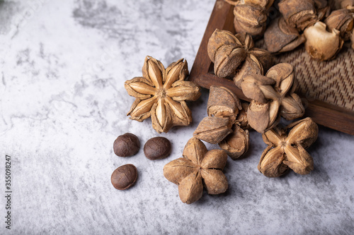 A pile of dried Sacha Inchi nuts. Natural background in lighting studio