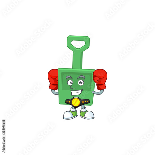 Caricature picture of green sand bucket boxing athlete on the arena