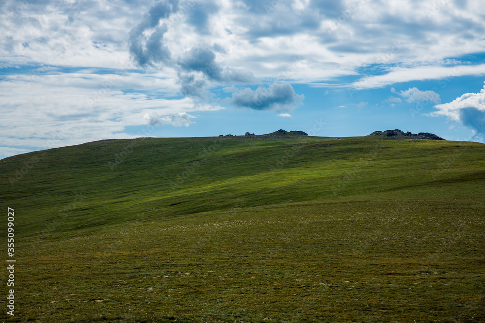 green field with cloudy blue sky green field with cloudy blue sky