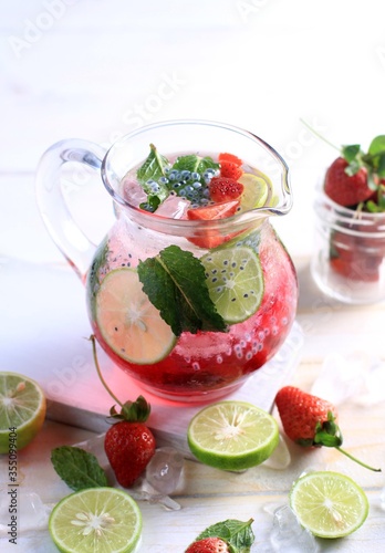 Homemade Fresh Strawberry Mojito with Lime and Mint Leaves 