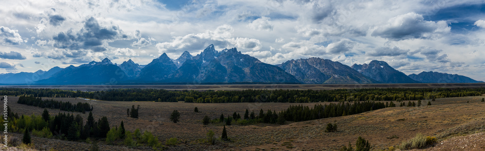 Grand Tetons on a partly cloudy afternoon