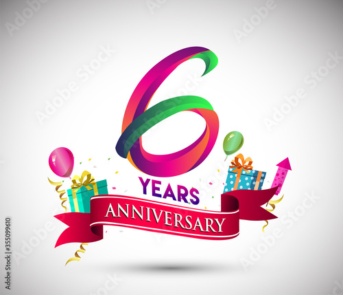 6th Anniversary Celebration Design, with gift box and balloons, Red ribbon, Colorful Vector template elements for birthday celebration party.