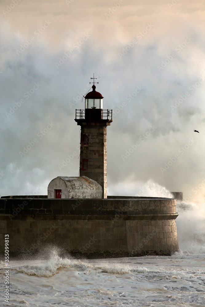Douro river mouth lighthouse stormy splash
