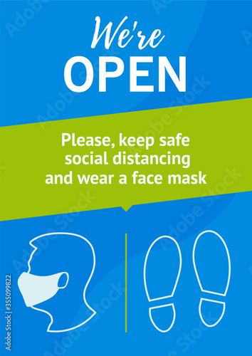 Poster for the opening of business after the quarantine. Social distancing. Please, keep safe distancing and wear a face mask. Avoid coronavirus. Flat design.