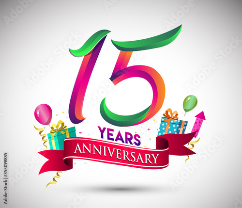 15th Anniversary Celebration Design, with gift box and balloons, Red ribbon, Colorful Vector template elements for birthday celebration party.