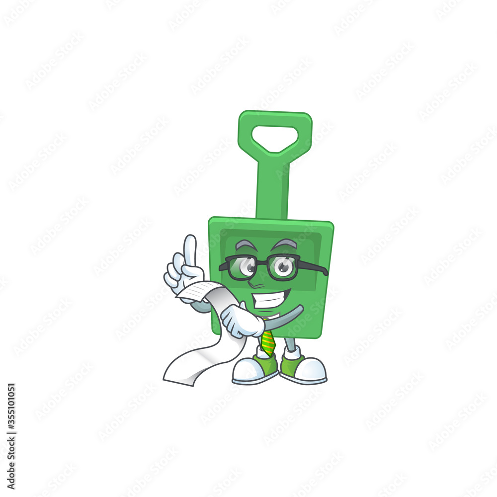 cartoon mascot design of green sand bucket holding a menu list cartoon mascot design of green sand bucket holding a menu list