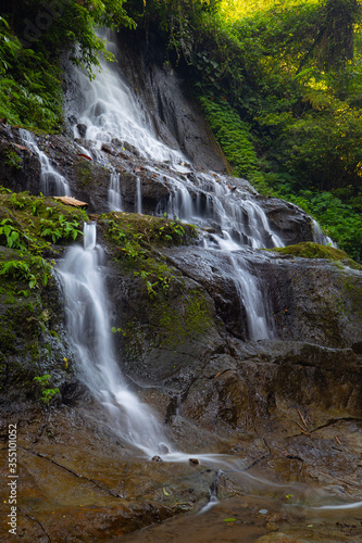 Waterfall landscape. Beautiful hidden Goa Giri Campuhan waterfall in tropical rainforest in Bali. Nature concept. Slow shutter speed  motion photography.