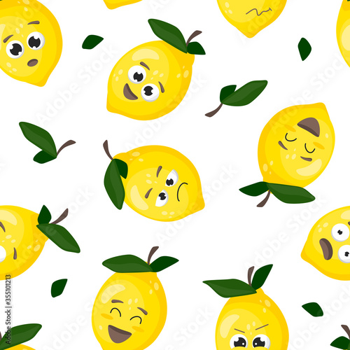 Seamless pattern. Cute yellow sour lemons. Emotions, cartoon face, juicy citrus, delicious. Great for postcards, stickers, fabric and textile. White isolated background. Vector illustration.