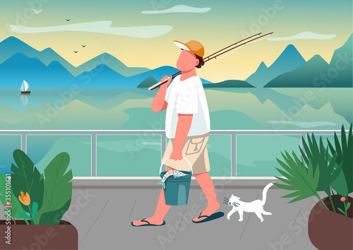 Man fishing rod at waterfront area flat color vector illustration